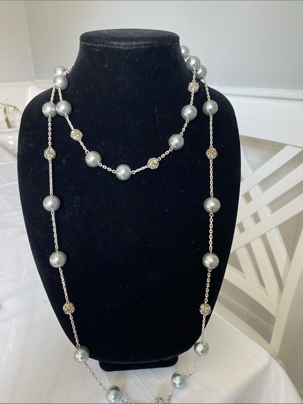 Carolee Silver-Tone Long Necklace with Grey Pearls and Crystal Spheres